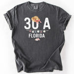 Dark gray t-shirt with 30A FLORIDA graphic and beach elements. Personalize Print