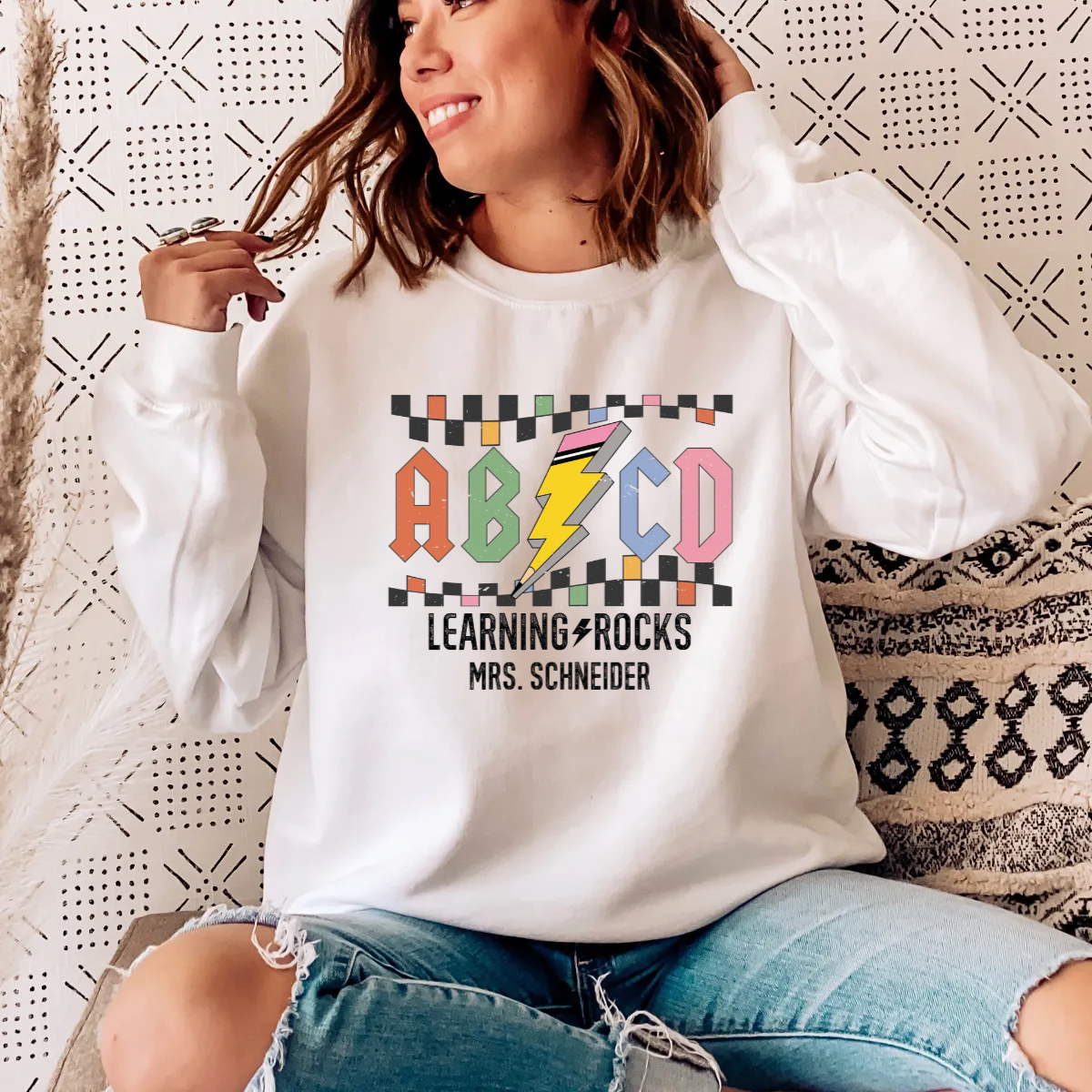 Custom Teacher Sweatshirt, Retro ABCD Teacher Name -  Sweatshirt